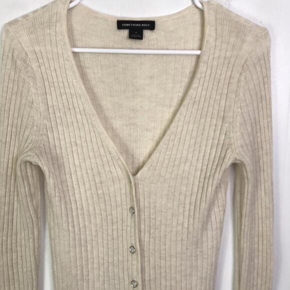Something Navy Sweater Womens S Cardigan Ribbed V Neck Button Up Neutral Capsule - Picture 2 of 7